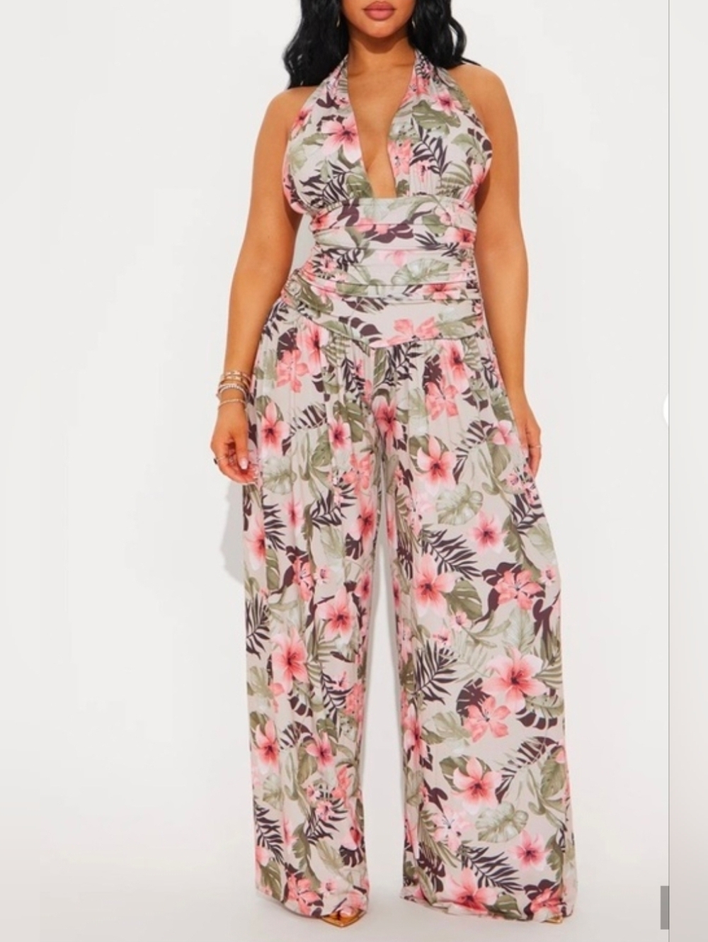 Fashion Nova Pink Floral Halter Wide-Leg Jumpsuit